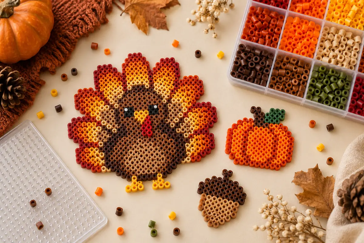 AI-generated Thanksgiving bead craft inspiration with turkey, pumpkin and acorn